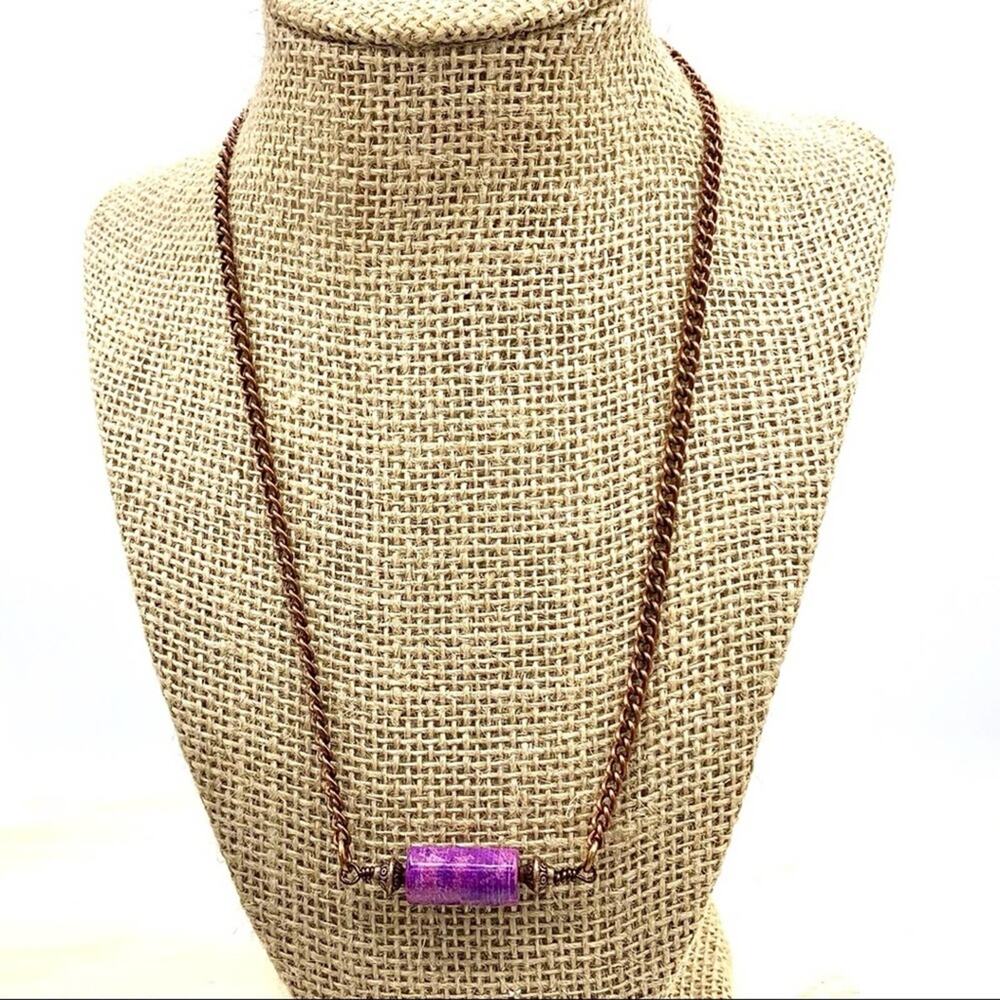 Purple agate tube bead necklace. Antique copper‎